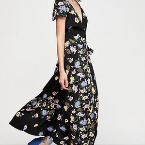 Free People Gorgeous Jess Black Floral Midi Wrap Dress Womens Large